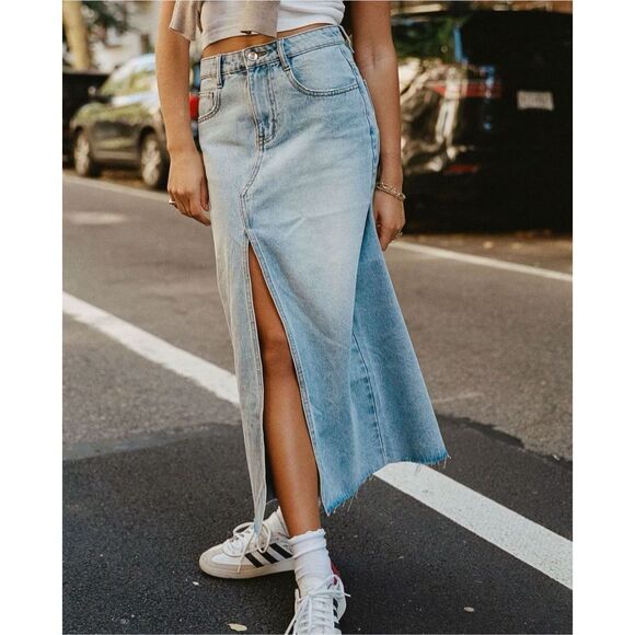 Parke Button Down Medium Wash Midi Maxi Denim Skirt Size XS - Picture 1 of 12